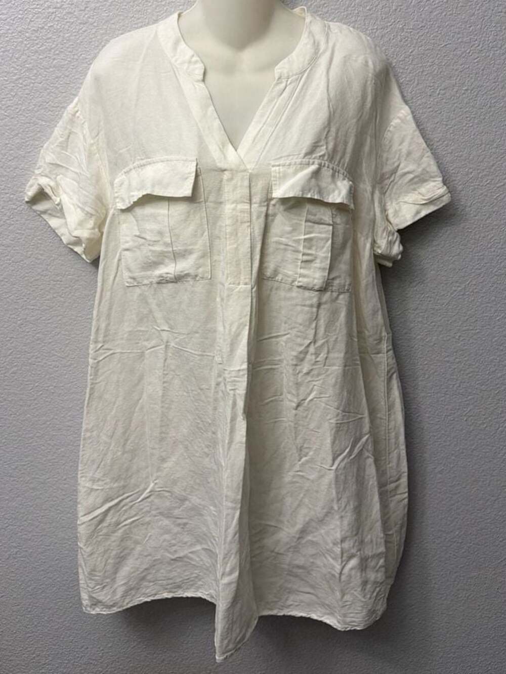 H&M White Linen-Blend Short Sleeve Shirt Tunic Dress with front Pockets Size 8
